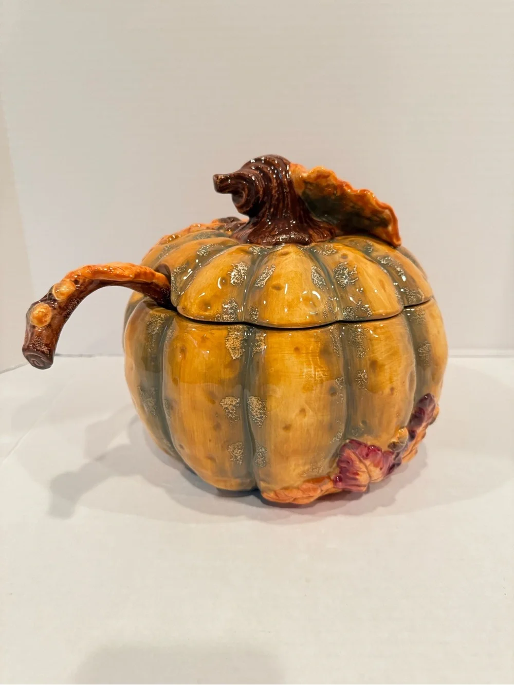 Baum Bros. Pumpkin Soup Tureen in Yellow and Green with Matching Ladle